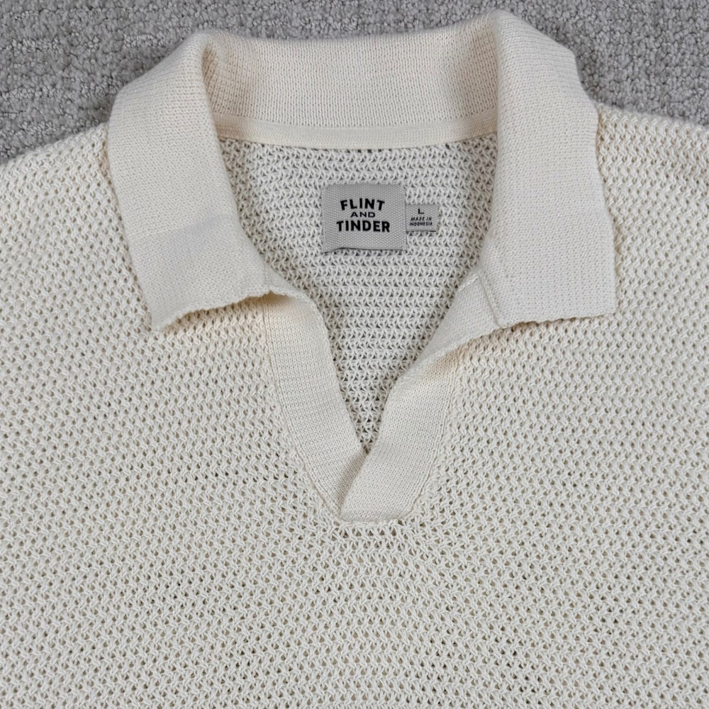Flint and Tinder Mens Large Cream Open Knit Johnny Collar Polo Shirt